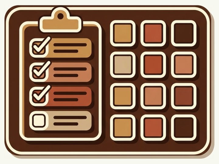 A clipboard with three ticked boxes and one empty beside a grid of color swatches, for the checks to run after grouping a Shopify catalog