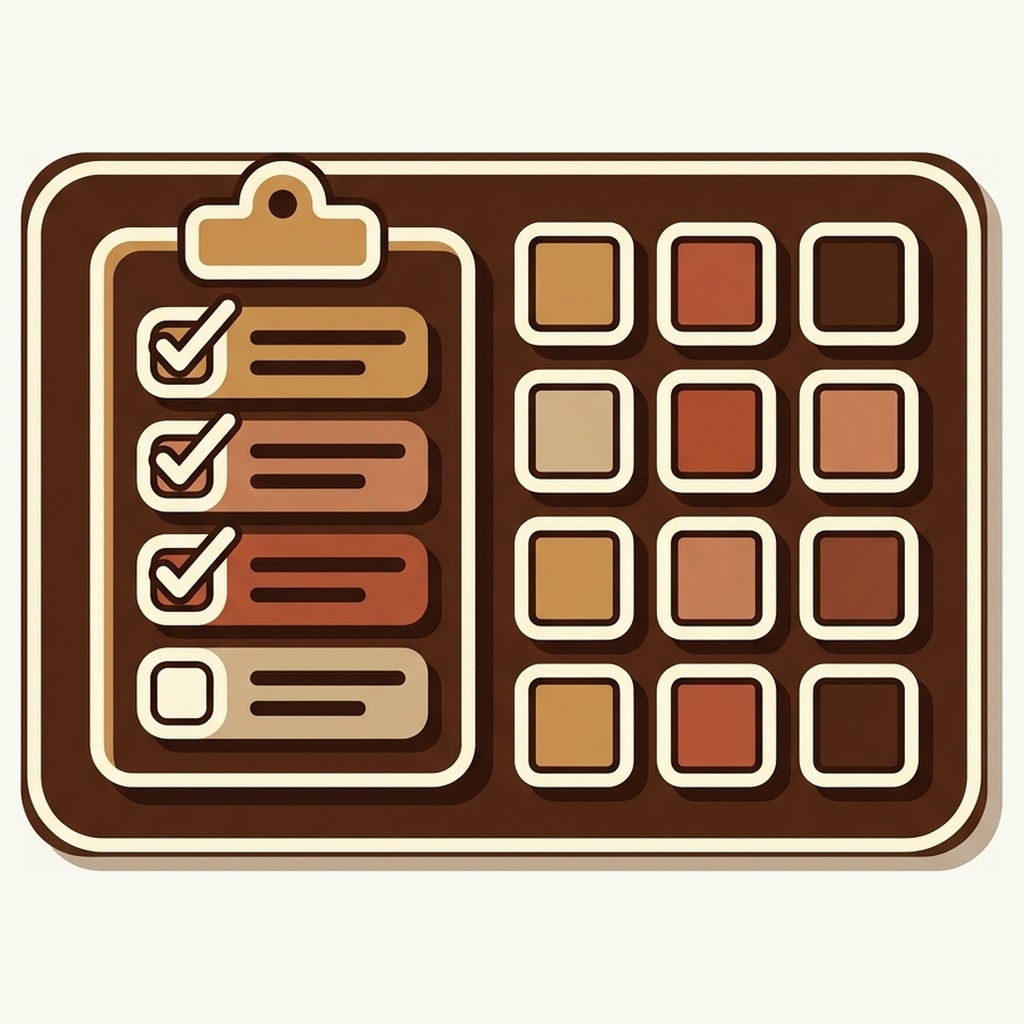 A clipboard with three ticked boxes and one empty beside a grid of color swatches, for the checks to run after grouping a Shopify catalog