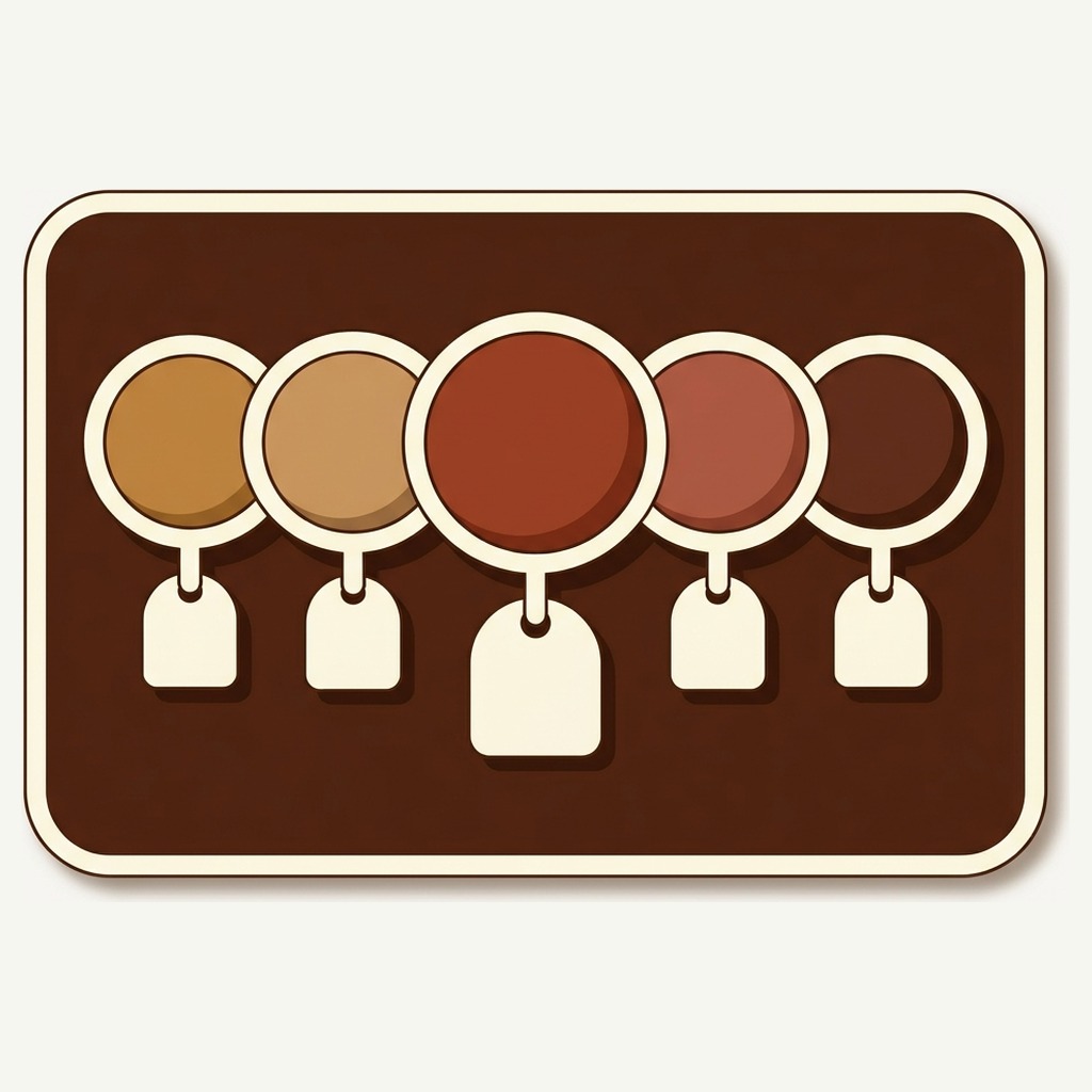 A row of color swatches with a tag under each one and the middle tag larger, for grouped Shopify products at different prices