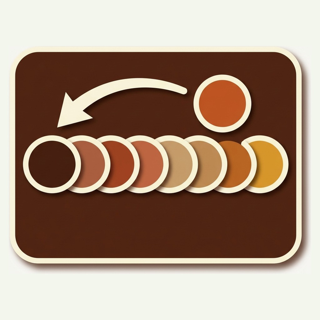 A color swatch lifted out of a wide row and carried to the front by a curved arrow, for ordering Shopify color swatches